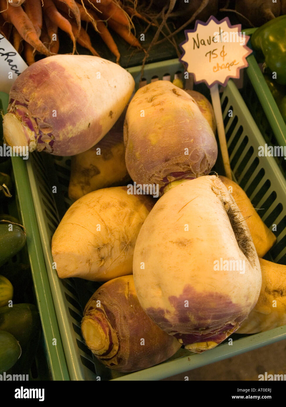 Close up on a basket of turnips for sale at the Vieux Port Marche (Old