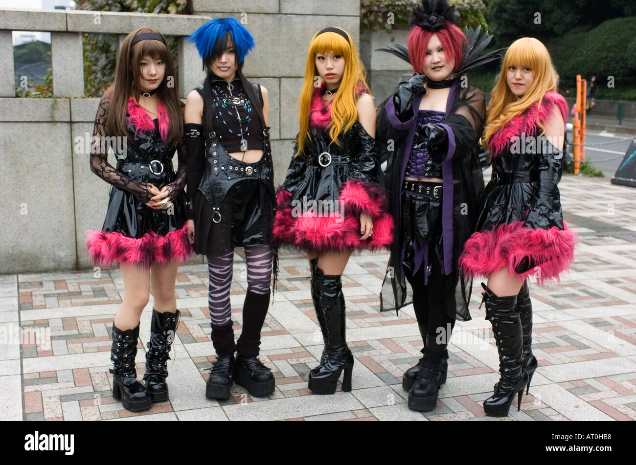 Japanese girls in  gothic cosplay clothes posing in Harajuku Tokyo Japan Stock Photo