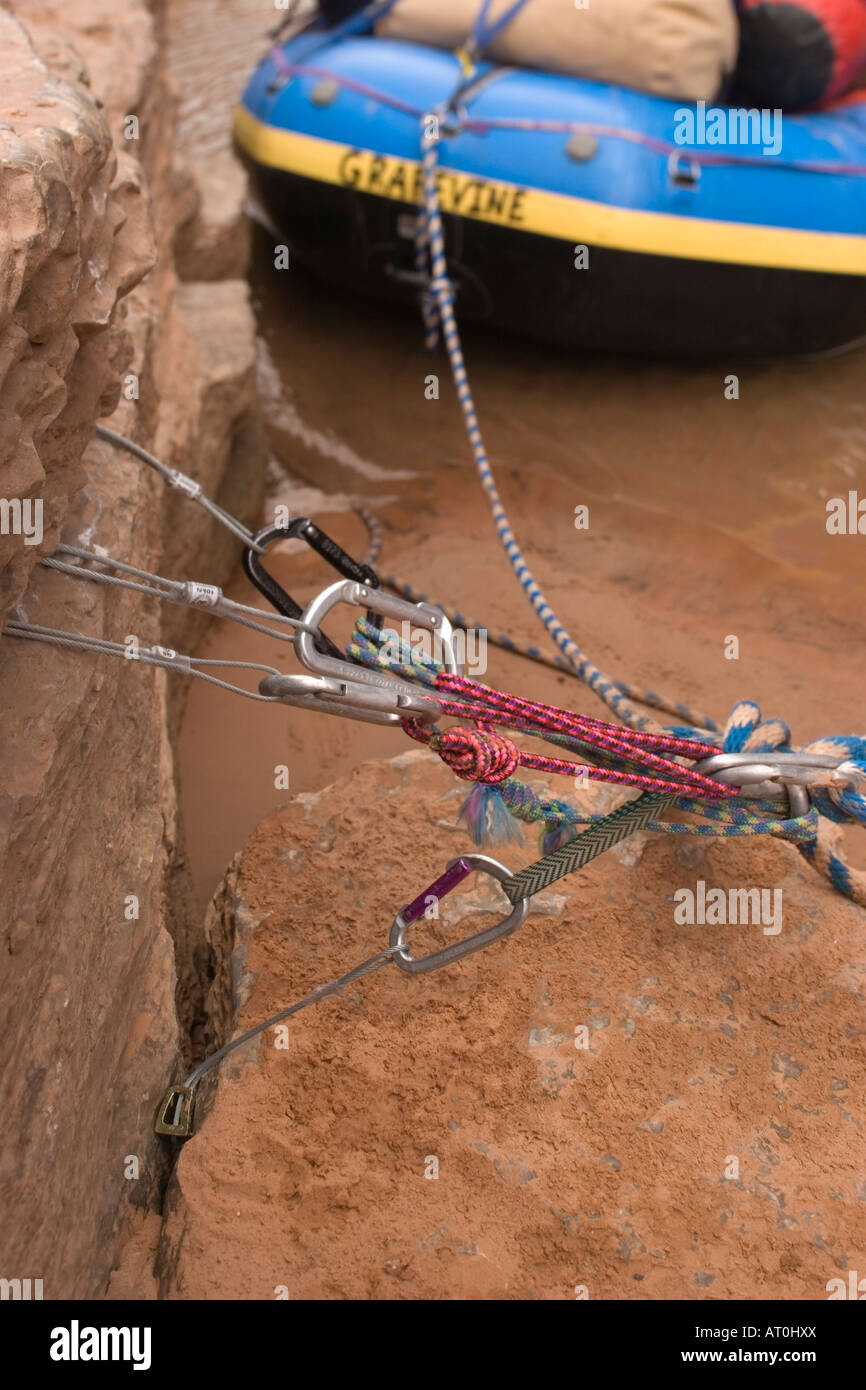 Rafts tied up with climbing gear at Ledges Camp Colorado River Stock