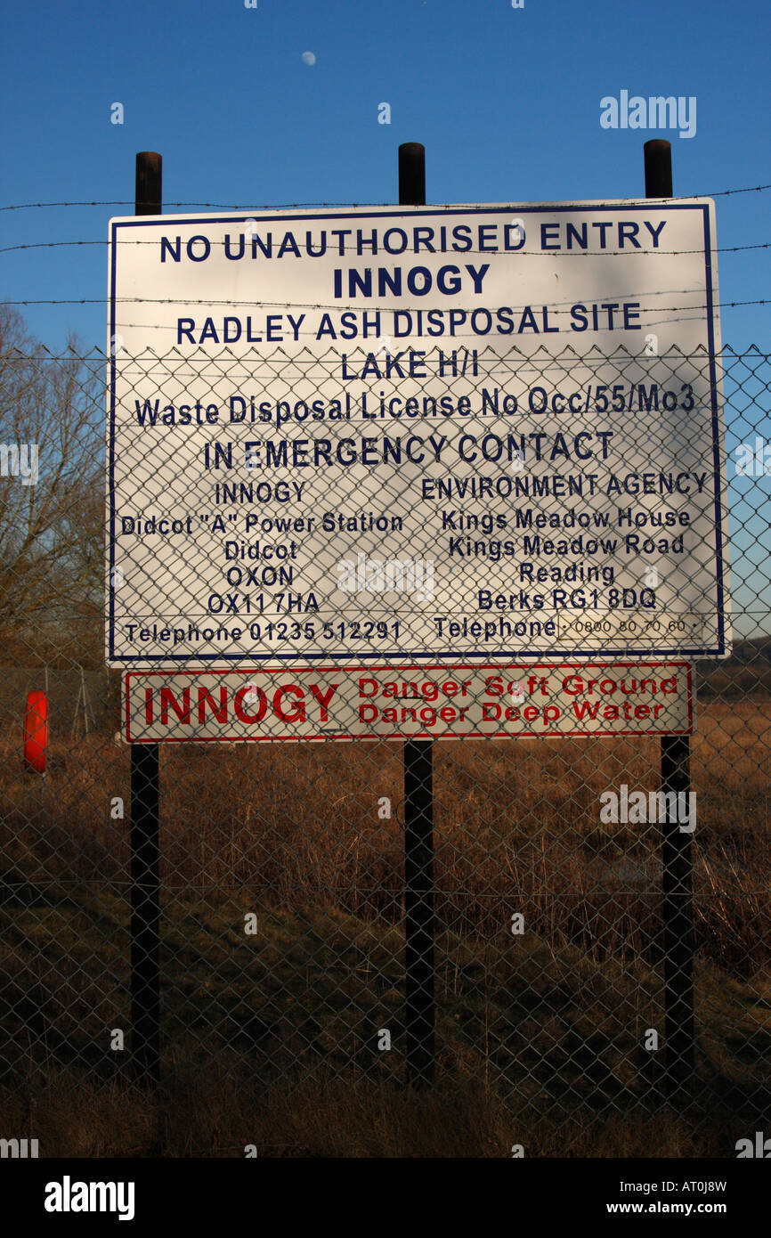 'Radley Lakes' warning sign, disposal site for waste ash from 'Didcot Power Station', Radley, Oxfordshire, UK Stock Photo