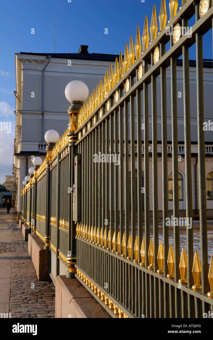The golden decoratives of the fence in front of the Presidential palace, Helsinki, Finland, Europe. Stock Photo
