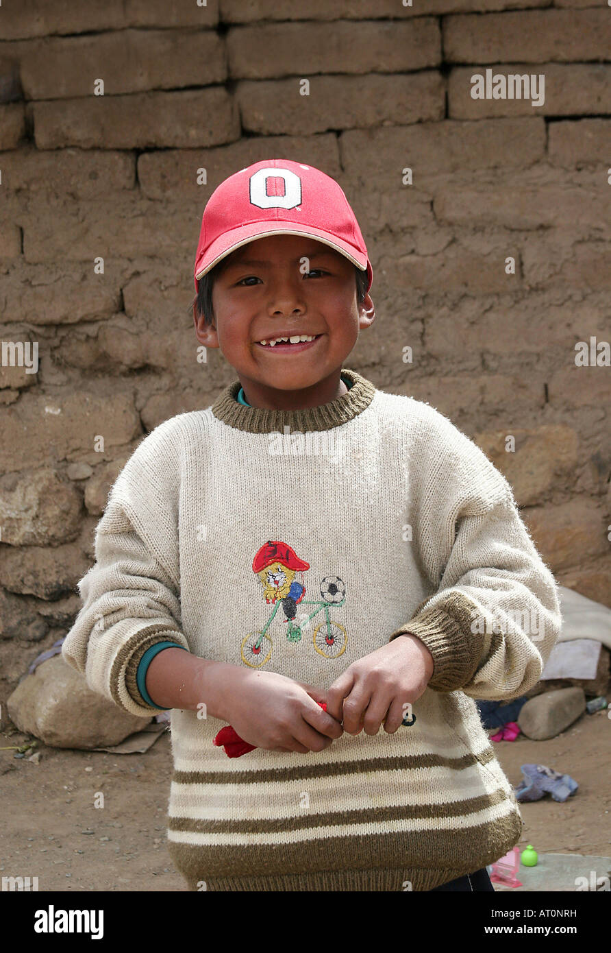 A portret of a young boy wearing a red cap in Llallagua, Potosi, Bolivia Stock Photo