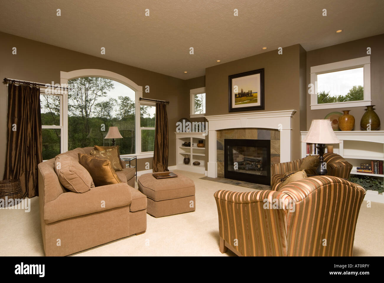 American home interior living room with fireplace and furniture