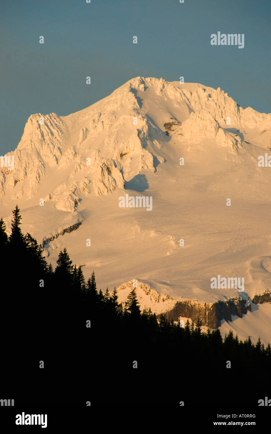 Mt. Hood at sunset, winter, 11,237 feet high. Cascade Mountains, Oregon USA Stock Photo