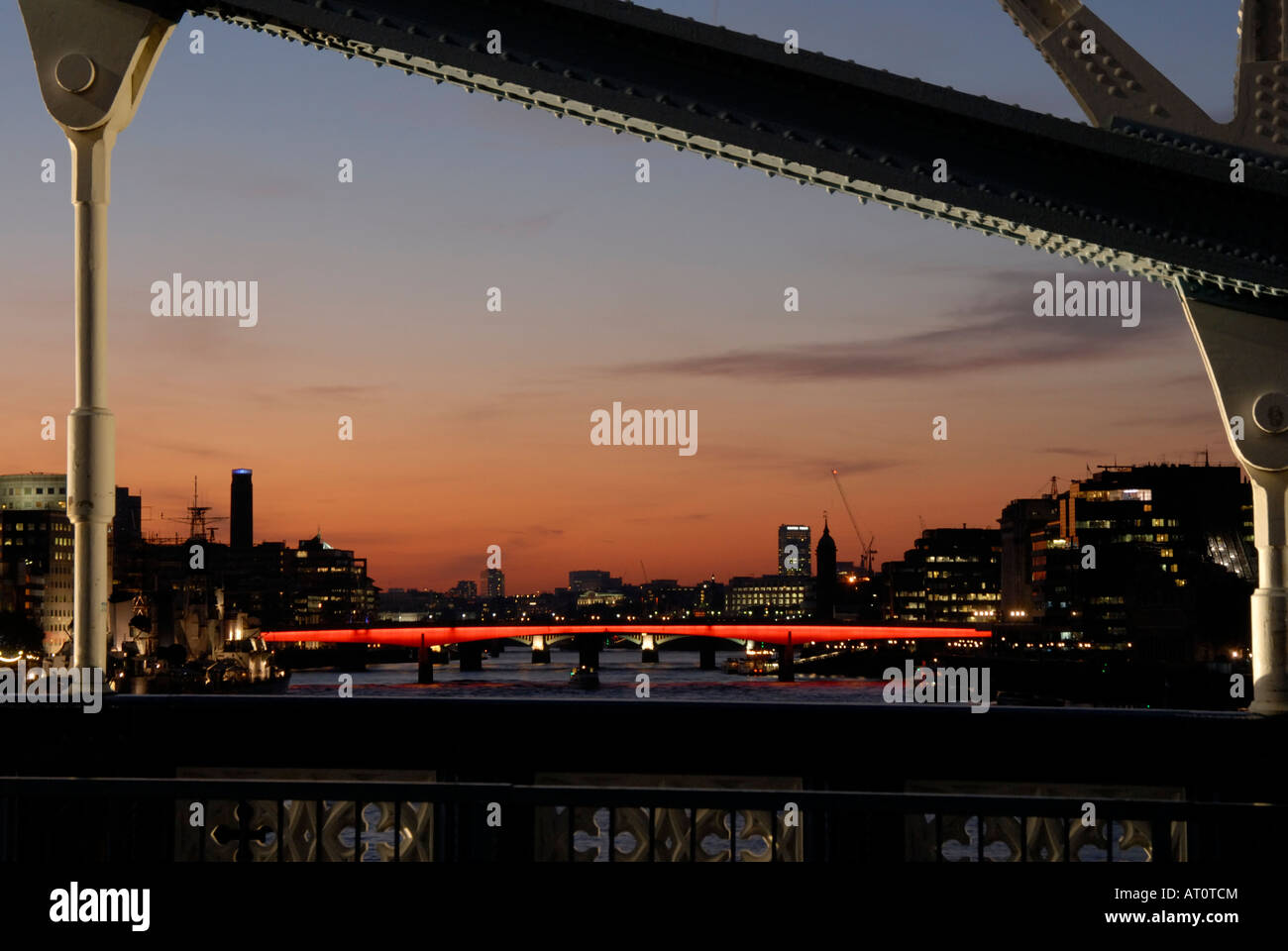 London Bridge 1973 over the river Thames viewed at night from Tower Bridge sunset Stock Photo