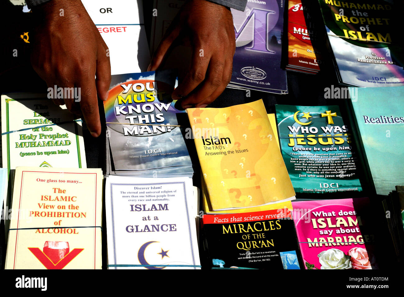 Islamic pamphlets on display on stall in London’s Brick Lane Street