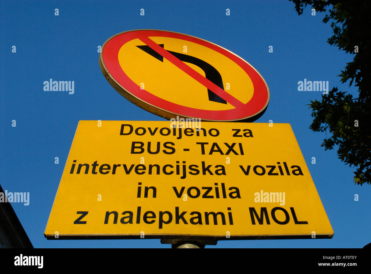 TRAFFIC SIGN OBLIGATION: DON'T TURN LEFT Stock Photo