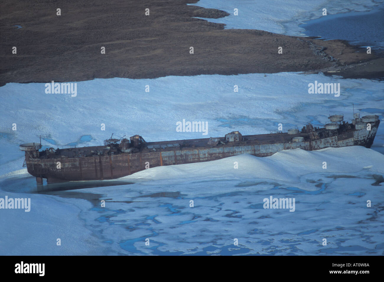 aerial image of spring break up and shipwreck along 1002 coastal plain Arctic National Wildlife Refuge Alaska Stock Photo