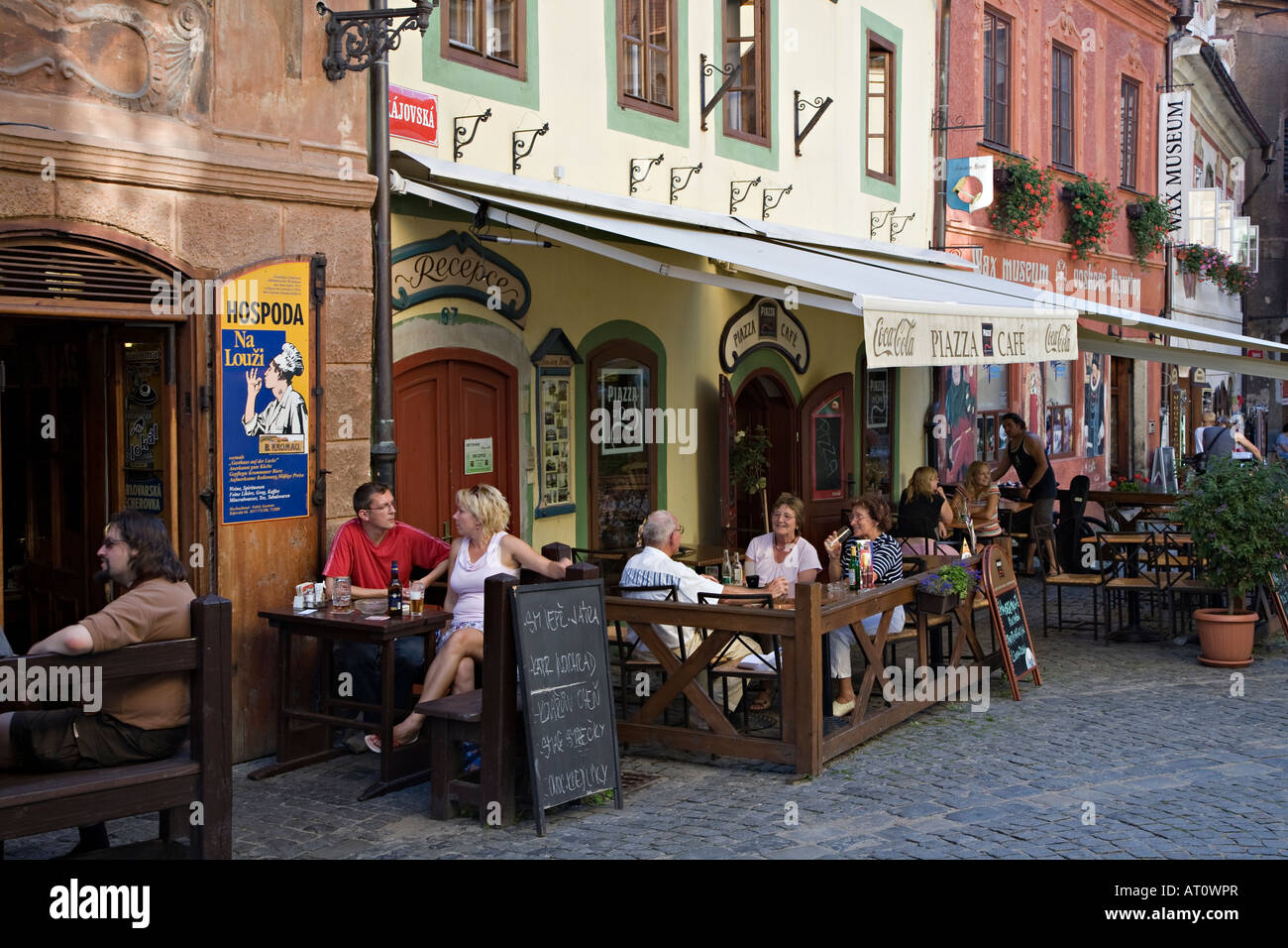 Pavement cafes and bars in the old quarter of Cesky Krumlov Czech