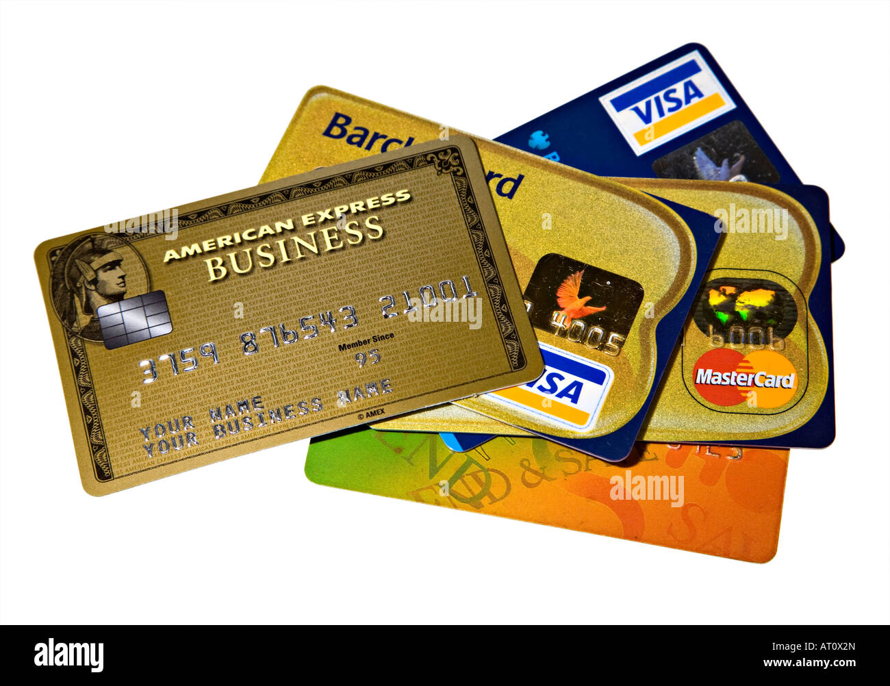 Plastic credit and debit cards from Visa Mastercard and American Express with Your Name and Your Business label Stock Photo