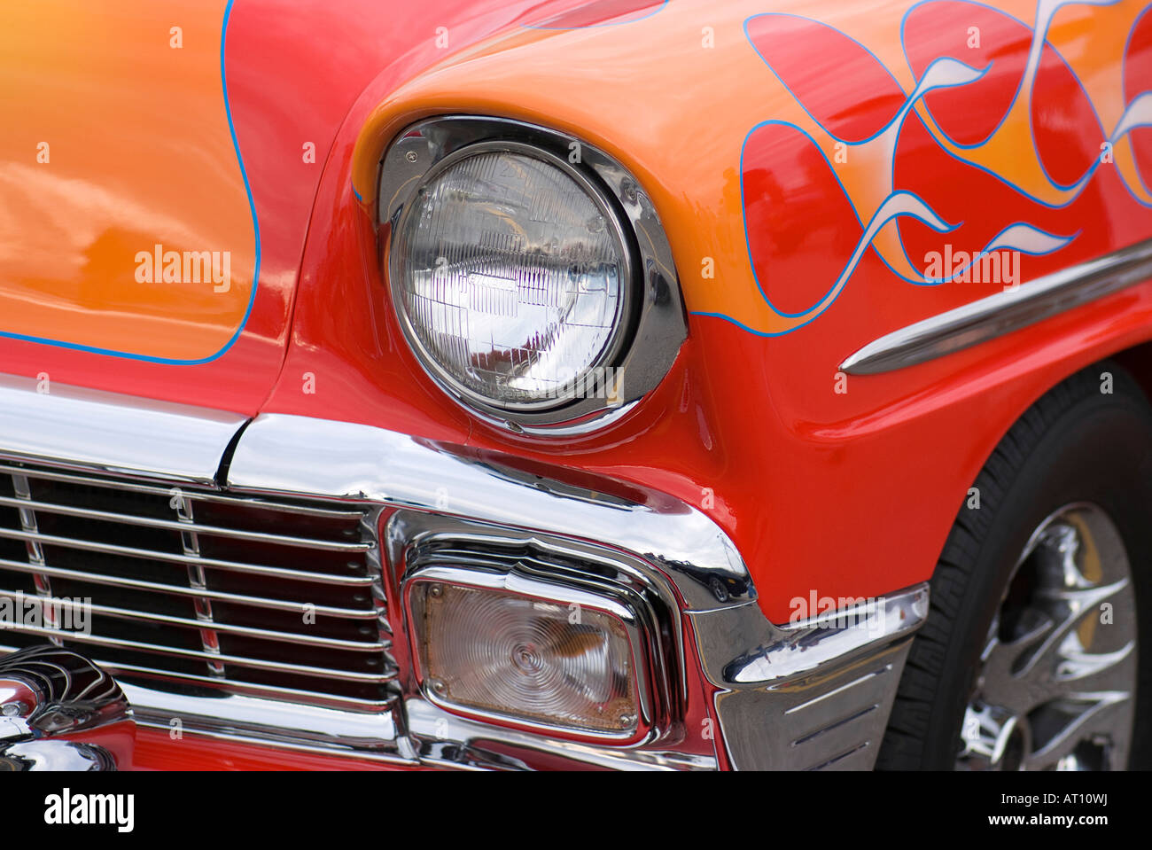 detail photo of front headlight of 1956 chevrolet classic car Stock