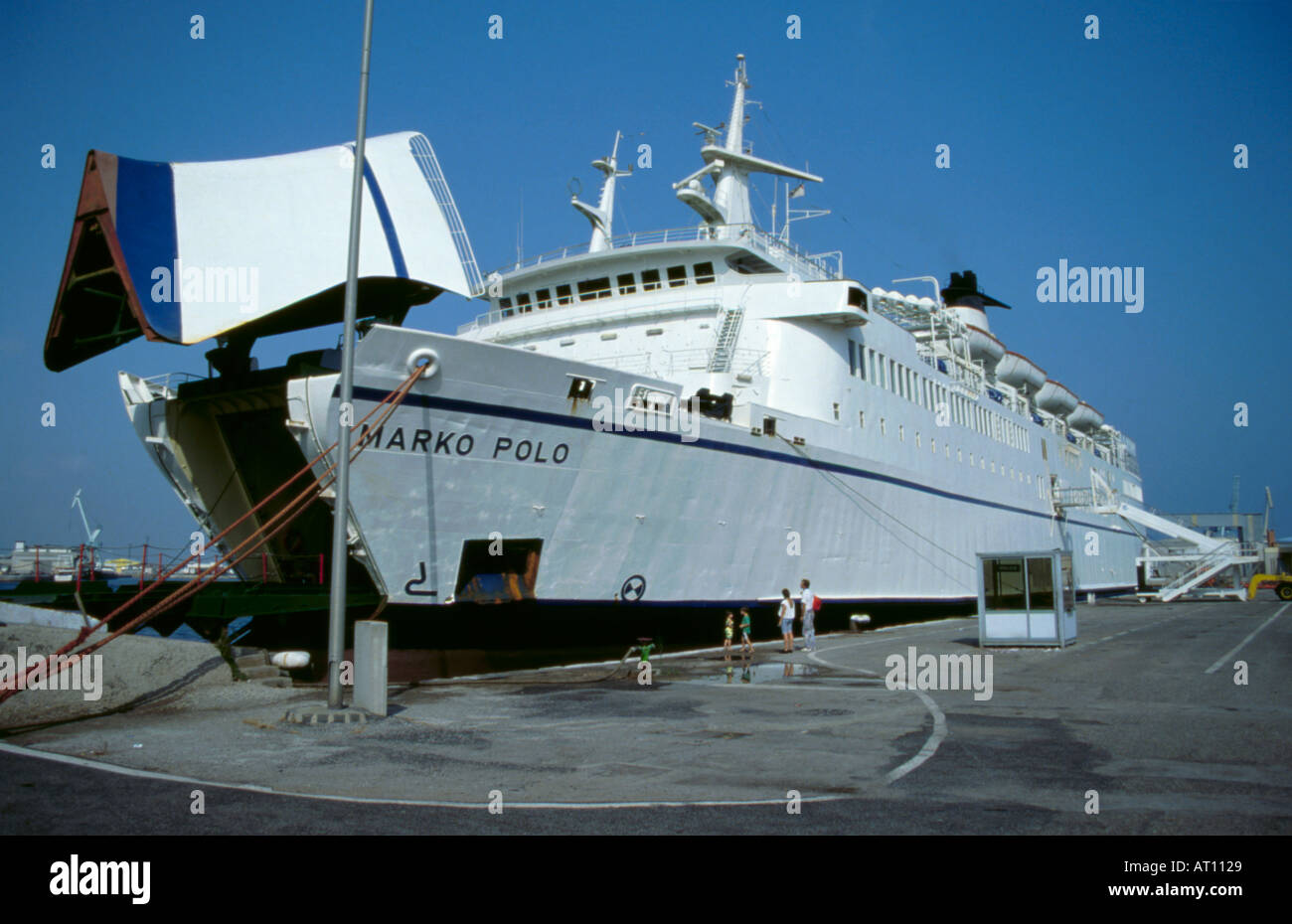 Roll on roll off car ferry with visor type bow door open; ferry boat 'Marco Polo' docked at Séte, France. Stock Photo
