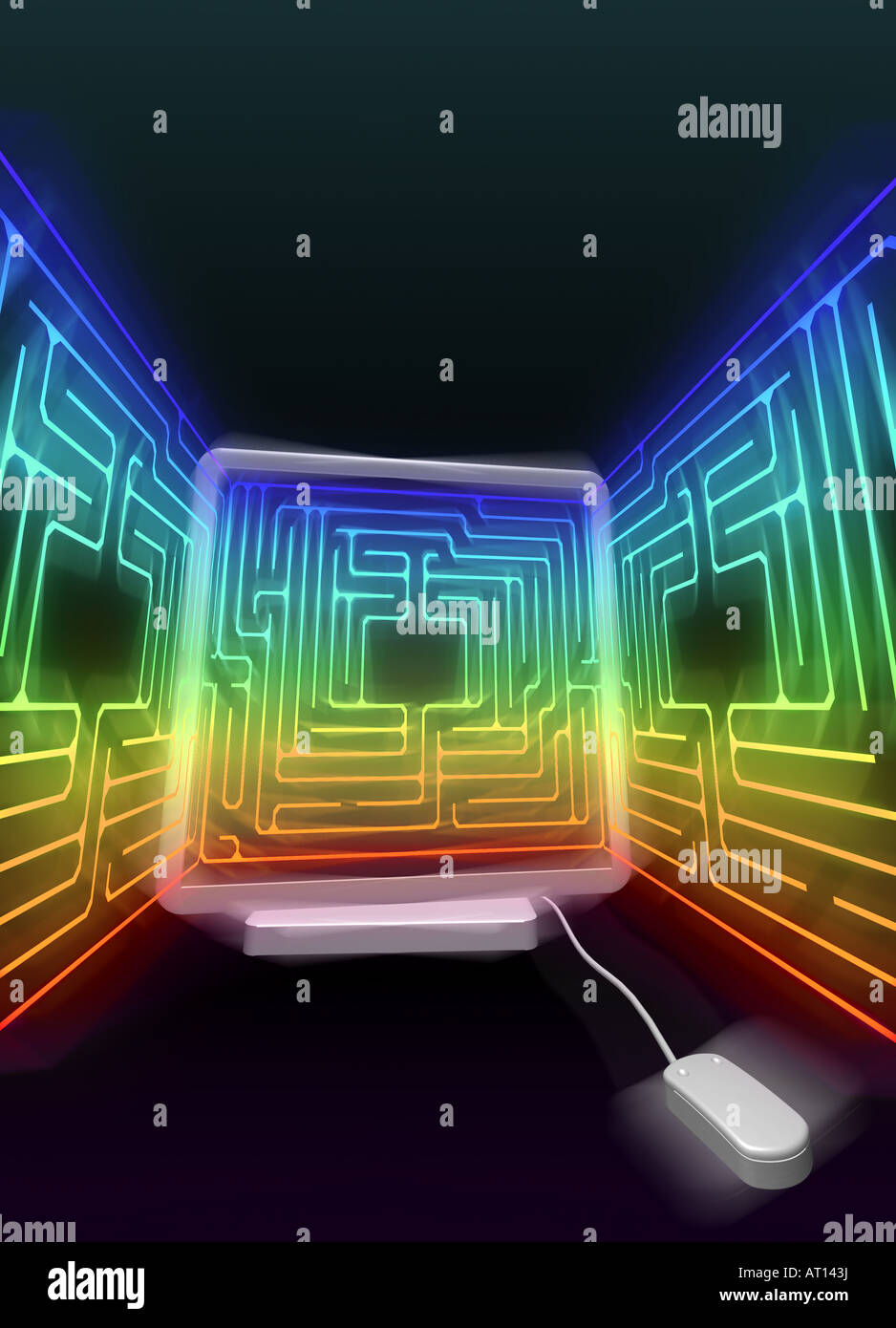 Computer monitor and mouse with 3D maze in rainbow spectrum CGI FUTURE