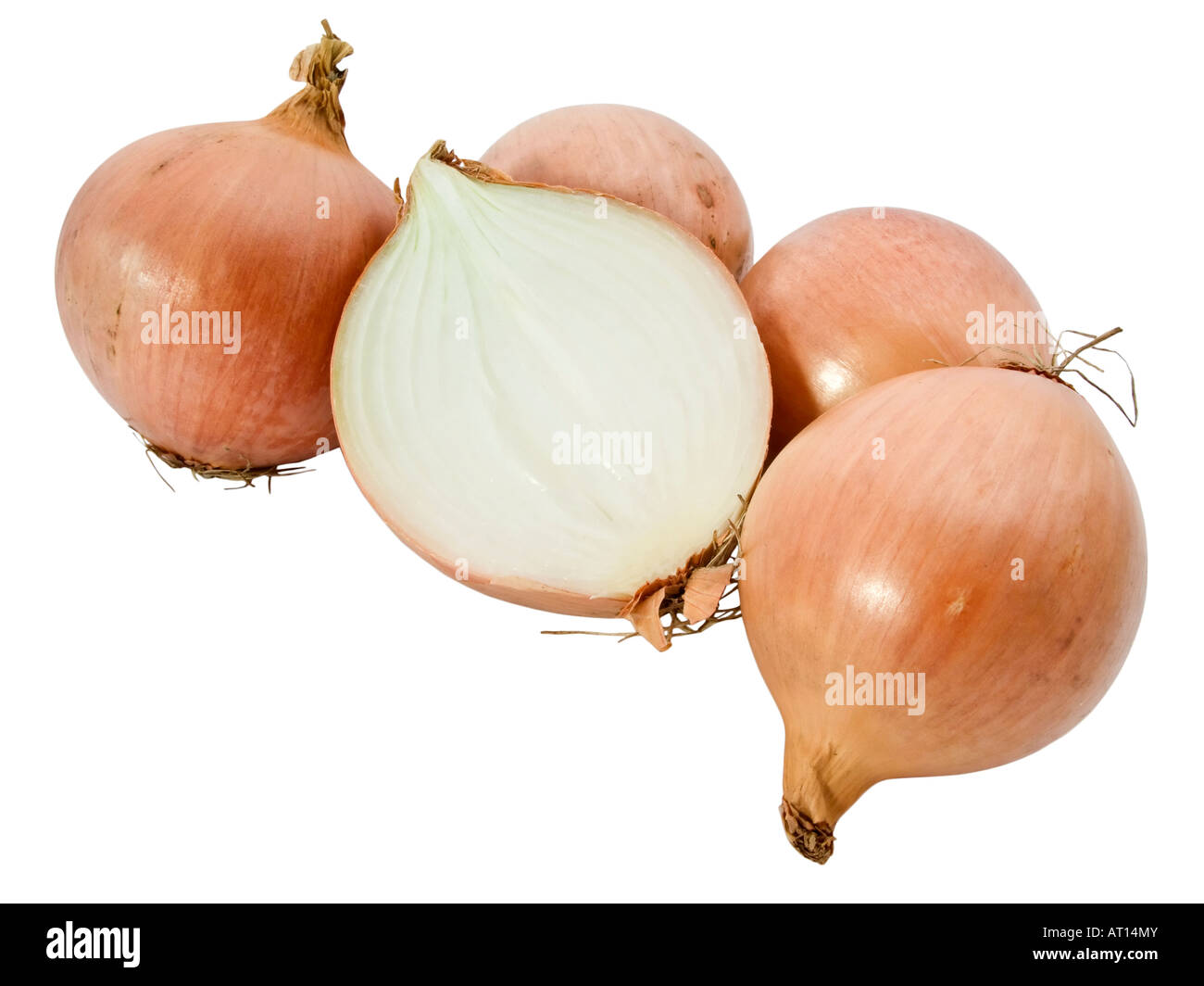 Onions isolated over white background, with one sliced in half. Stock Photo