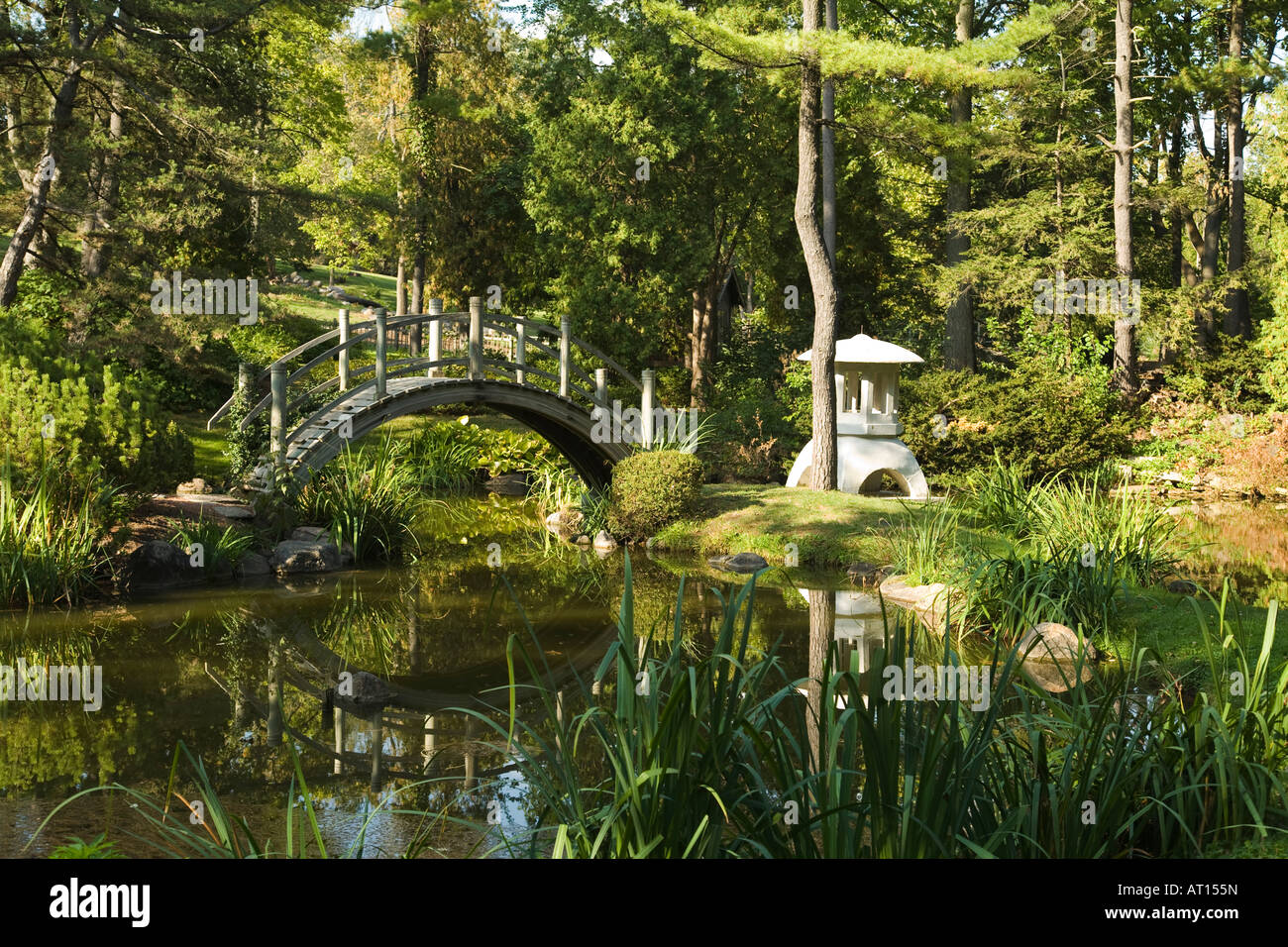 ILLINOIS Geneva Arched bridge pond and sculpture in Japanese garden