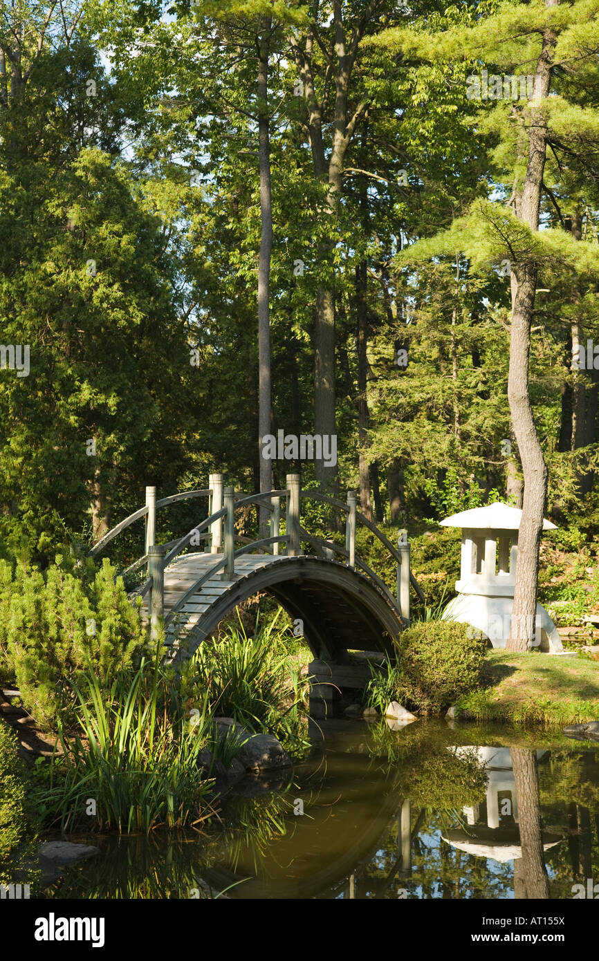 ILLINOIS Geneva Arched bridge pond and sculpture in Japanese garden