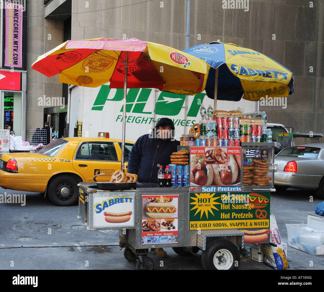 Hot dog and pretzel vendor on Broadway in Manhattan's theater district
