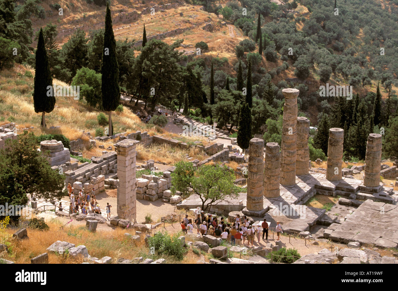 Europe, Greece, Delphi, Fokida. Temple of Apollo ruins Stock Photo