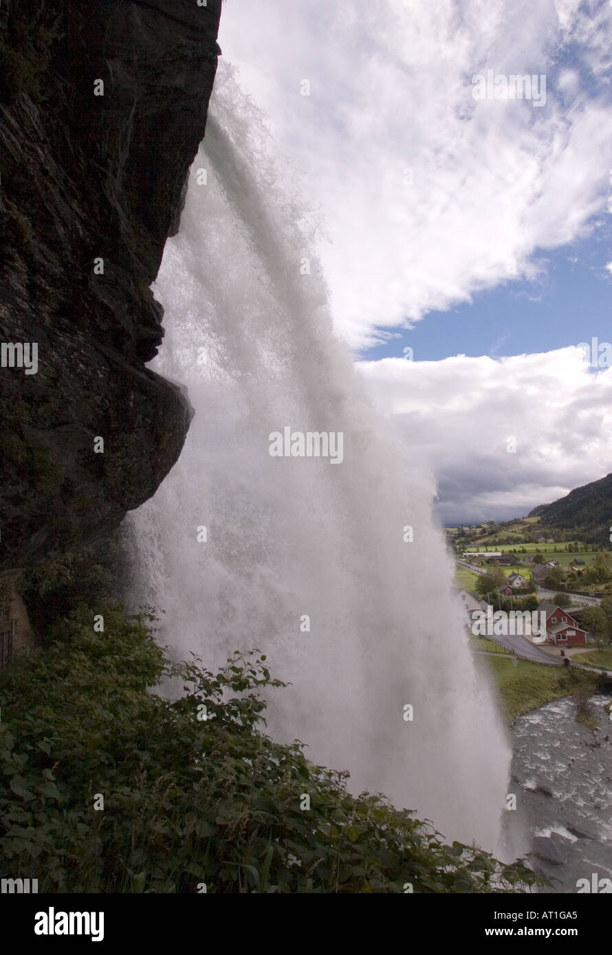 View from behind waterfall, Norway Stock Photo - Alamy