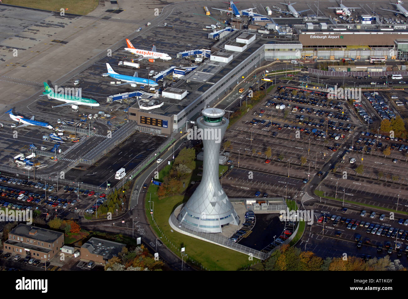 Aerial view of Edinburgh Airport, runway and control tower Stock Photo