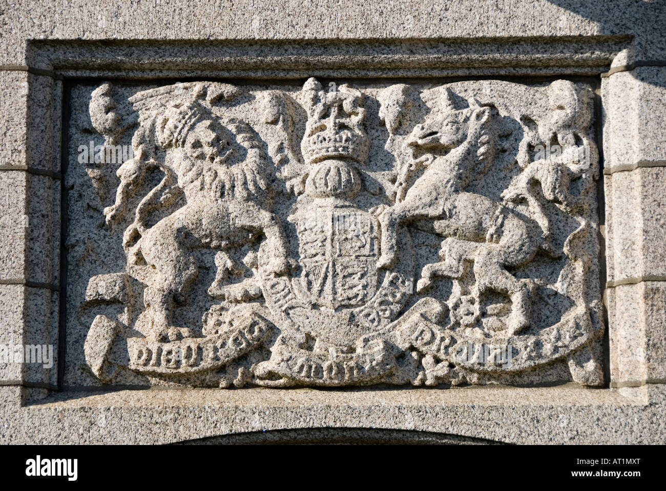 Falmouth, Cornwall, UK. Pendennis Castle. Royal coat of arms above the entrance to the barracks Stock Photo