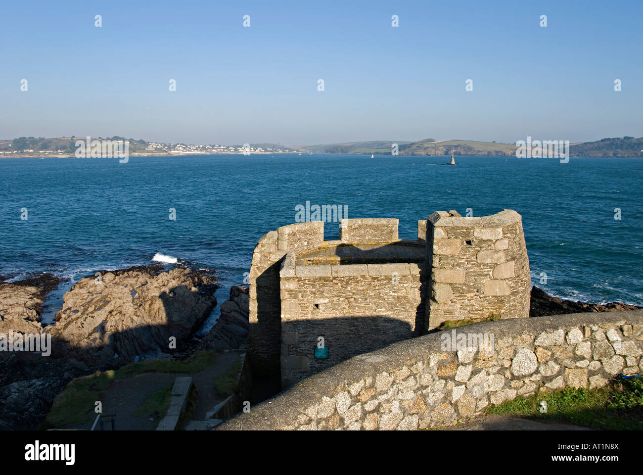 Falmouth, Cornwall, UK. Fortifications below Pendennis Castle, overlooking the entrance to Falmouth harbour (Carrick Roads) Stock Photo