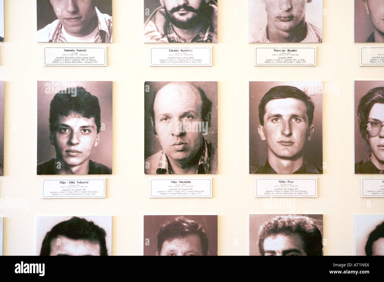 Photos of people that died in the Yugoslav civil war in the Sponza Palace Dubrovnik Croatia Stock Photo