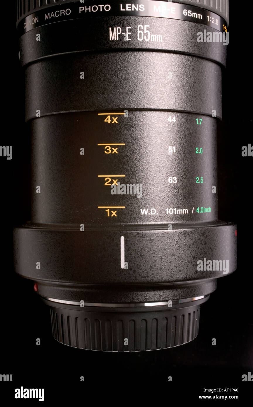 Canon macro 65mm mp e lens continuous magnification from X1 to X5 Stock Photo