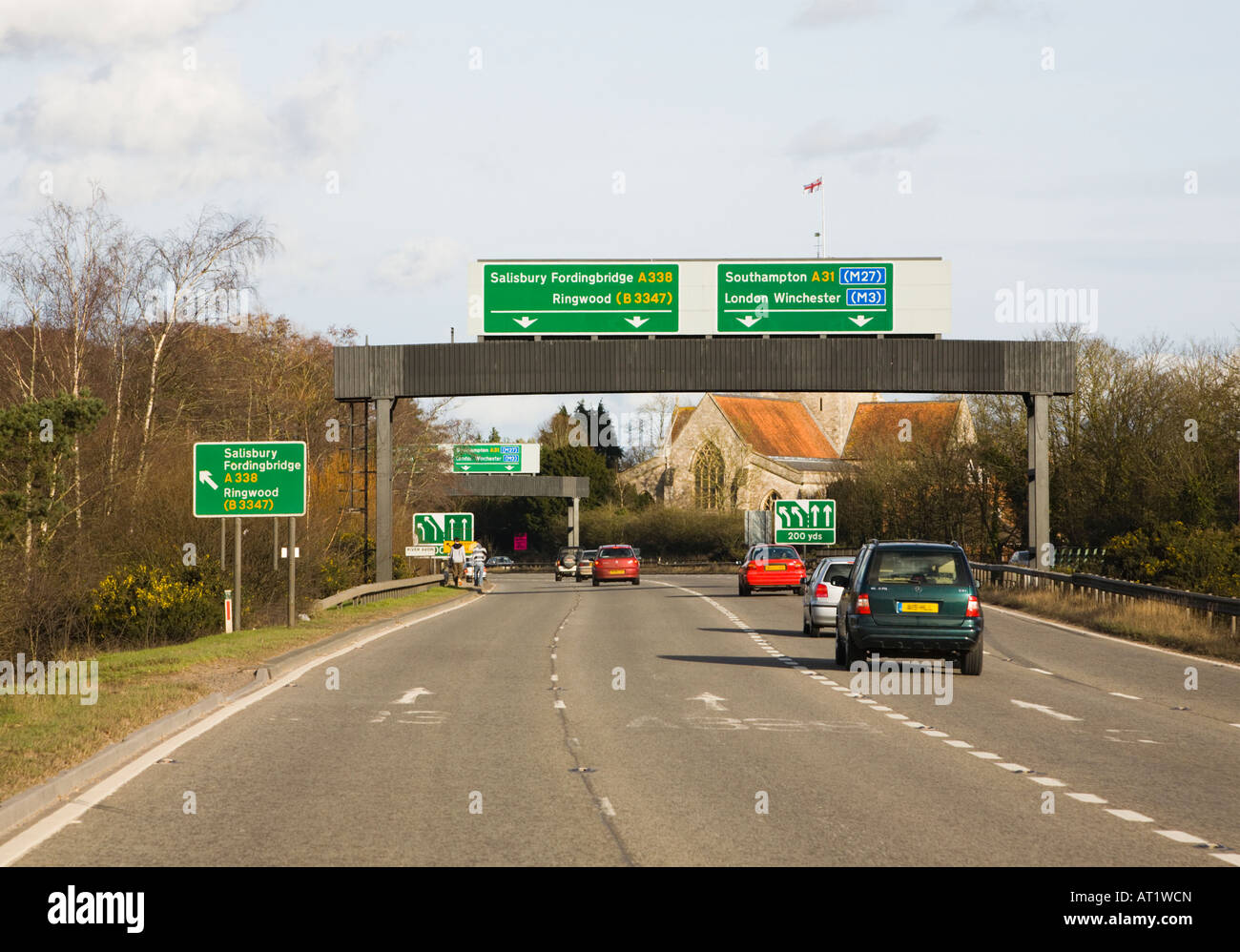 Approaching the turn off for Ringwood, Hampshire. UK. A35. Stock Photo