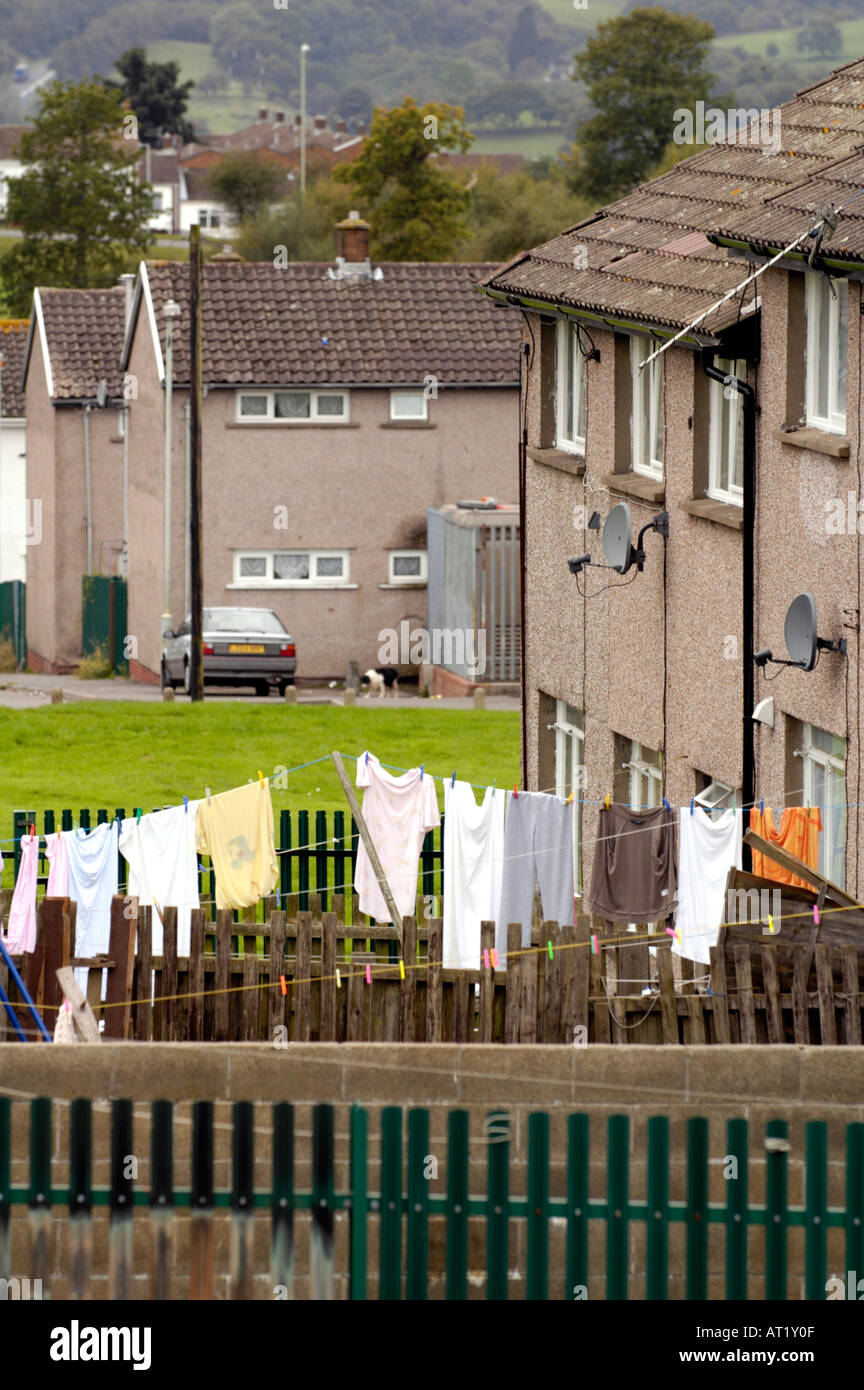 Houses with washing drying on the clothes line in garden on the Gurnos