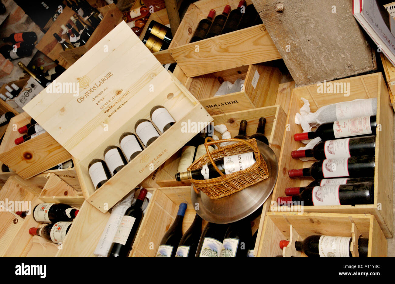 Wooden boxes of expensive red wine in the cellar of Hotel du Vin Bristol England UK Stock Photo
