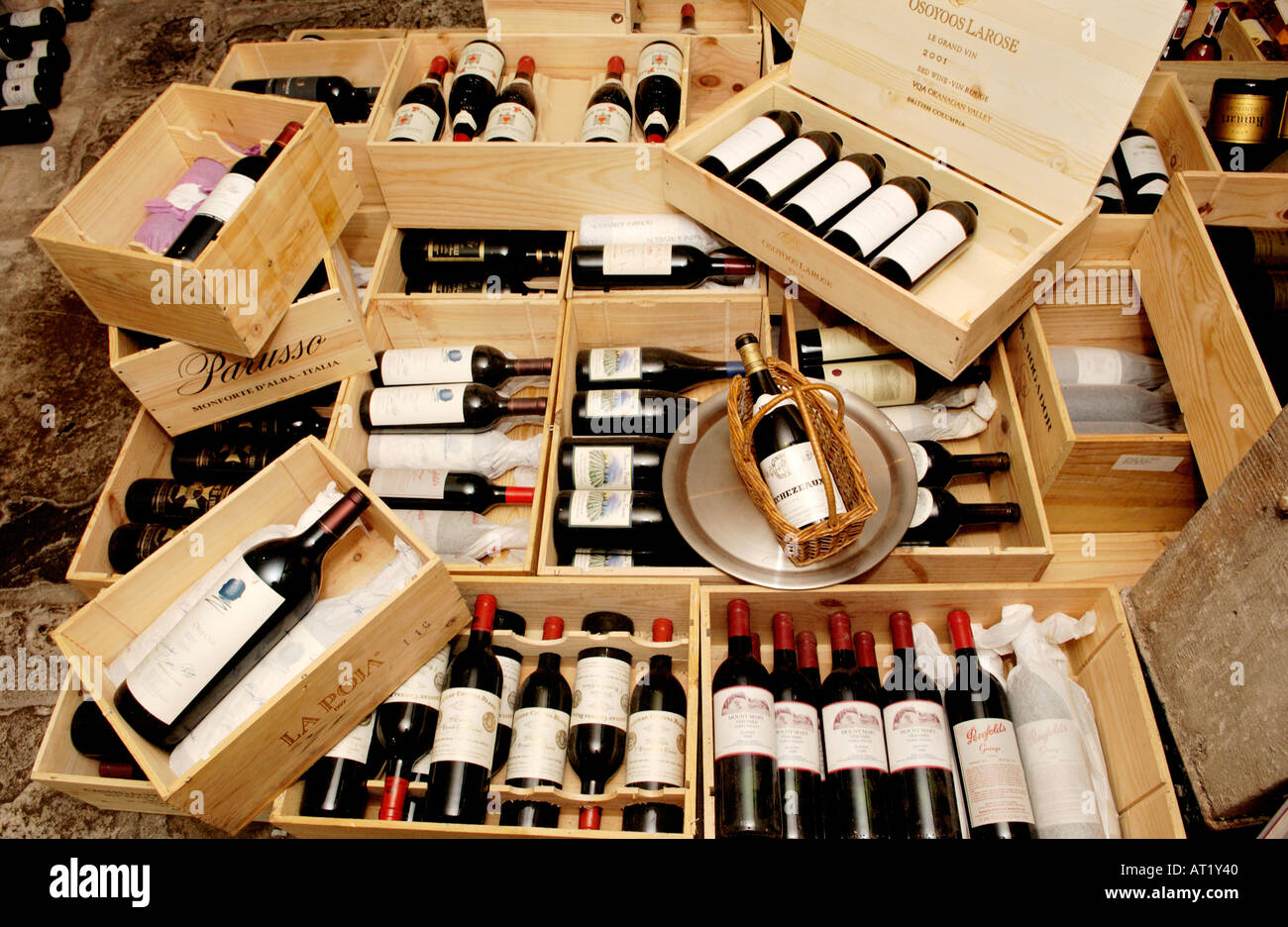 Wooden boxes of expensive red wine in the cellar of Hotel du Vin Bristol England UK Stock Photo