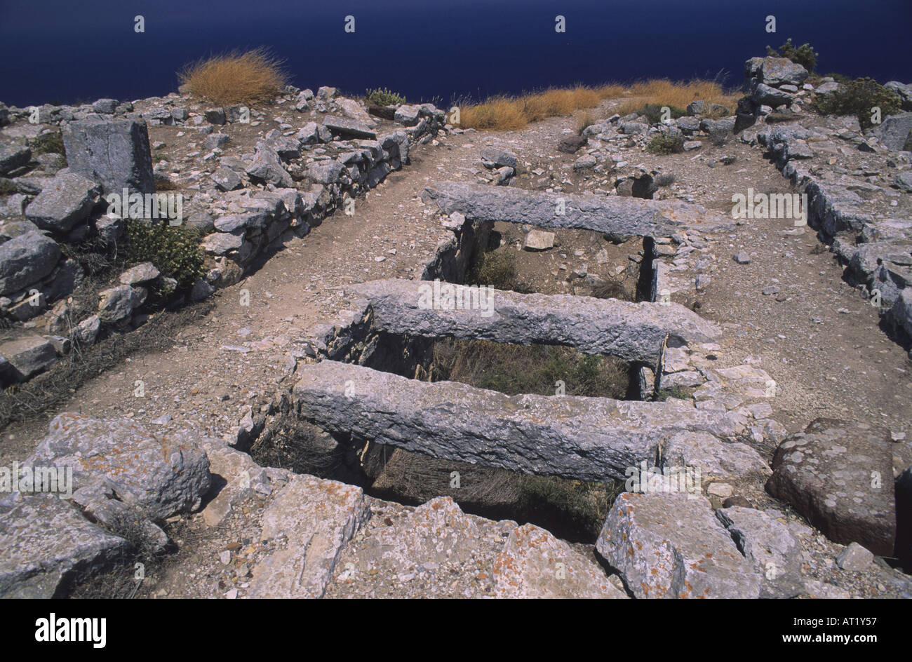 Archeologic site of Thera Minoan art Santorini island Thira Island Greek Islands Greece Stock Photo