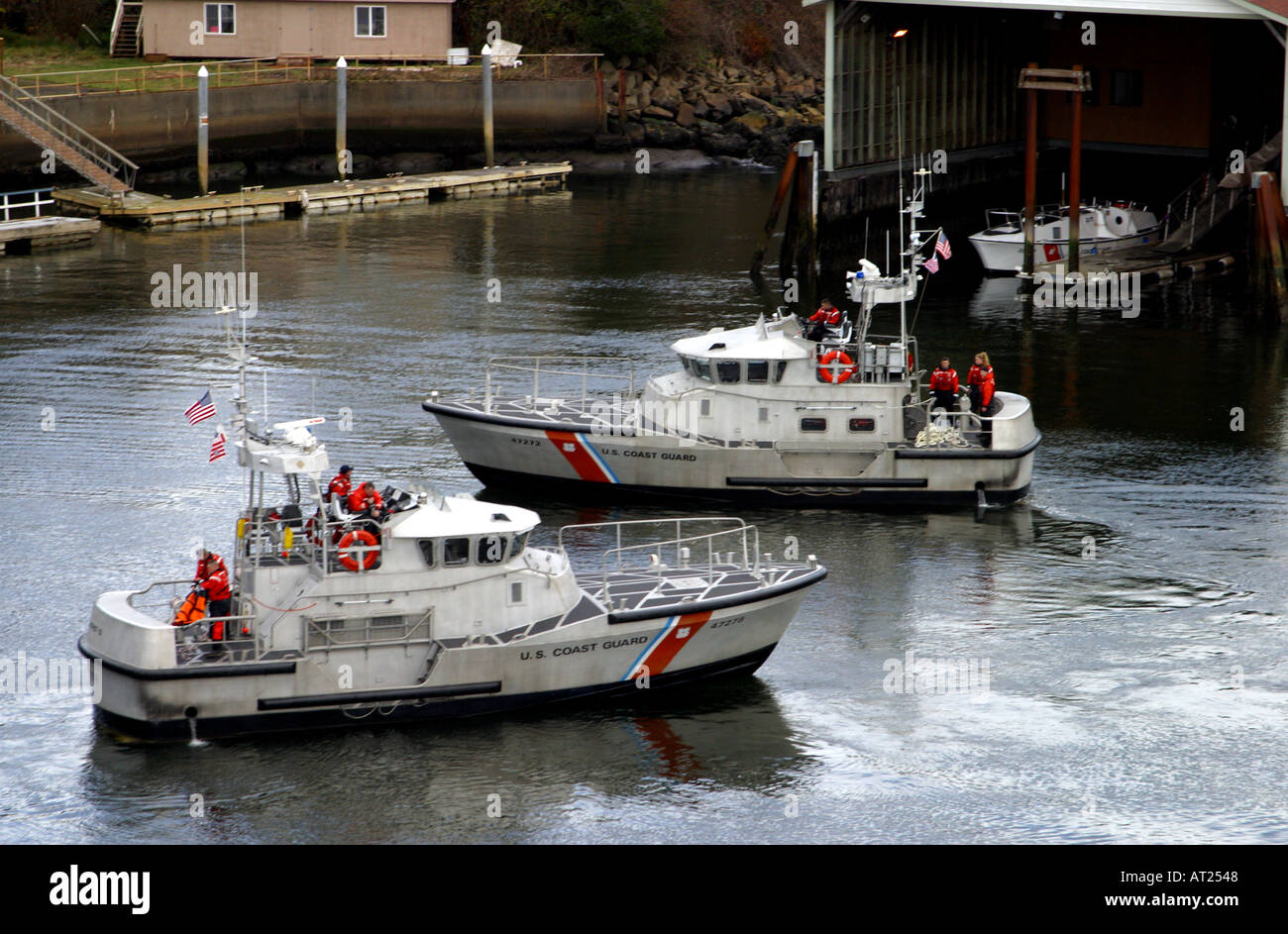 U S Coast Guard vessels conduct a training drill at Depoe Bay Oregon Stock Photo Alamy