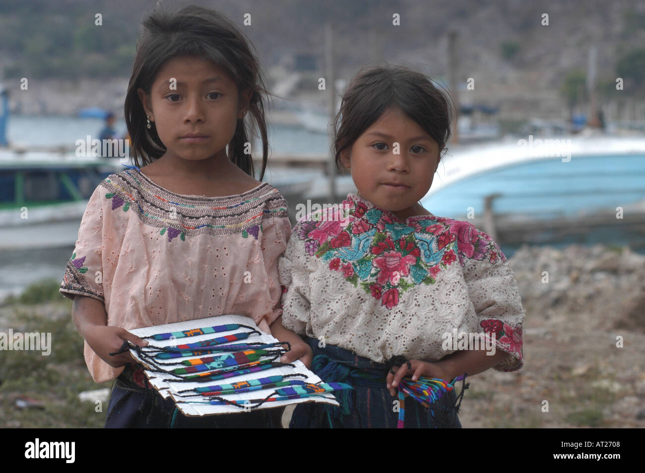 Girls selling crafts Lake Atitlan region Guatemala Stock Photo