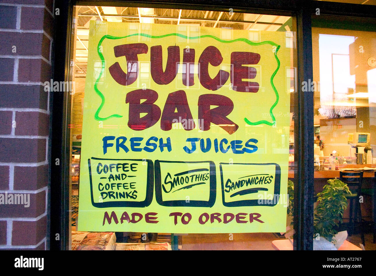 Juice Bar poster on the Mississippi Market a natural foods co-op located at Dale and Selby. St Paul Minnesota MN USA Stock Photo