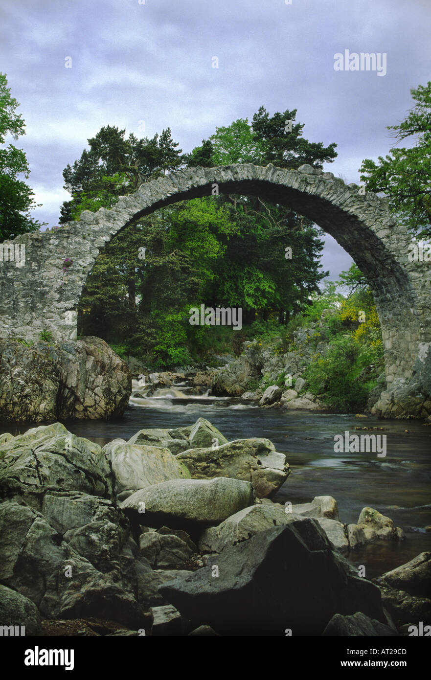 Stone Pack horse Bridge built in 1717 crosses the river Dulnain at Carrbridge Strathspey Invernesshire Scotland UK Stock Photo