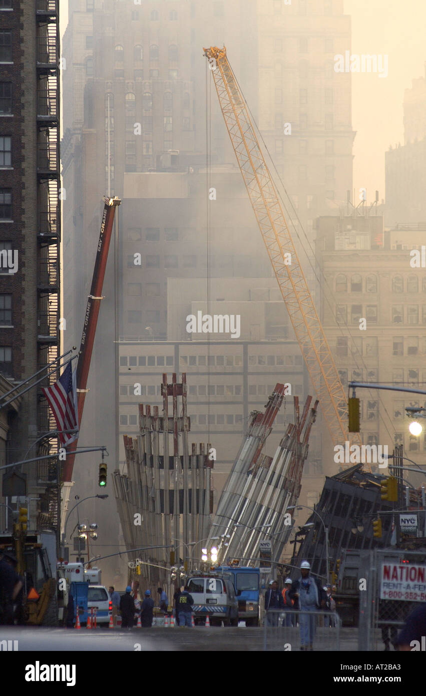 Smoke rises early morning at the rubble of the world trade center two days after 9 11 terrorist Attacks Stock Photo