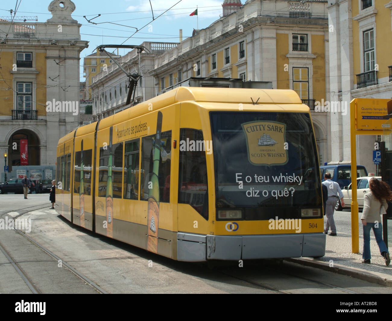 Modern Tram at Terminus in Lisbon Stock Photo