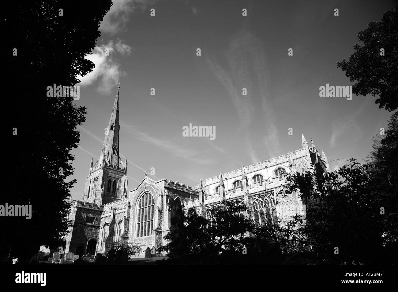 Thaxted Parish Church in Thaxed Essex with a bright blue sky and some trees This image is black