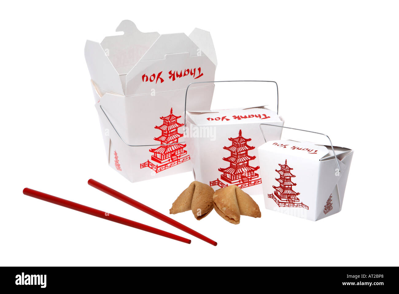 Takeout Boxes Chopsticks and Fortune Cookies Stock Photo