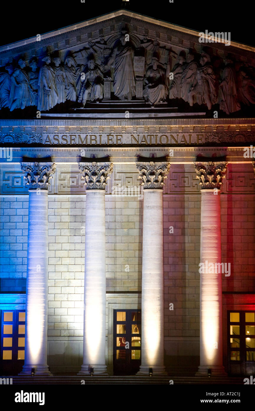 French Parliament 12 July 2007 lit in the colors of the national flag for Bastille Day Stock Photo
