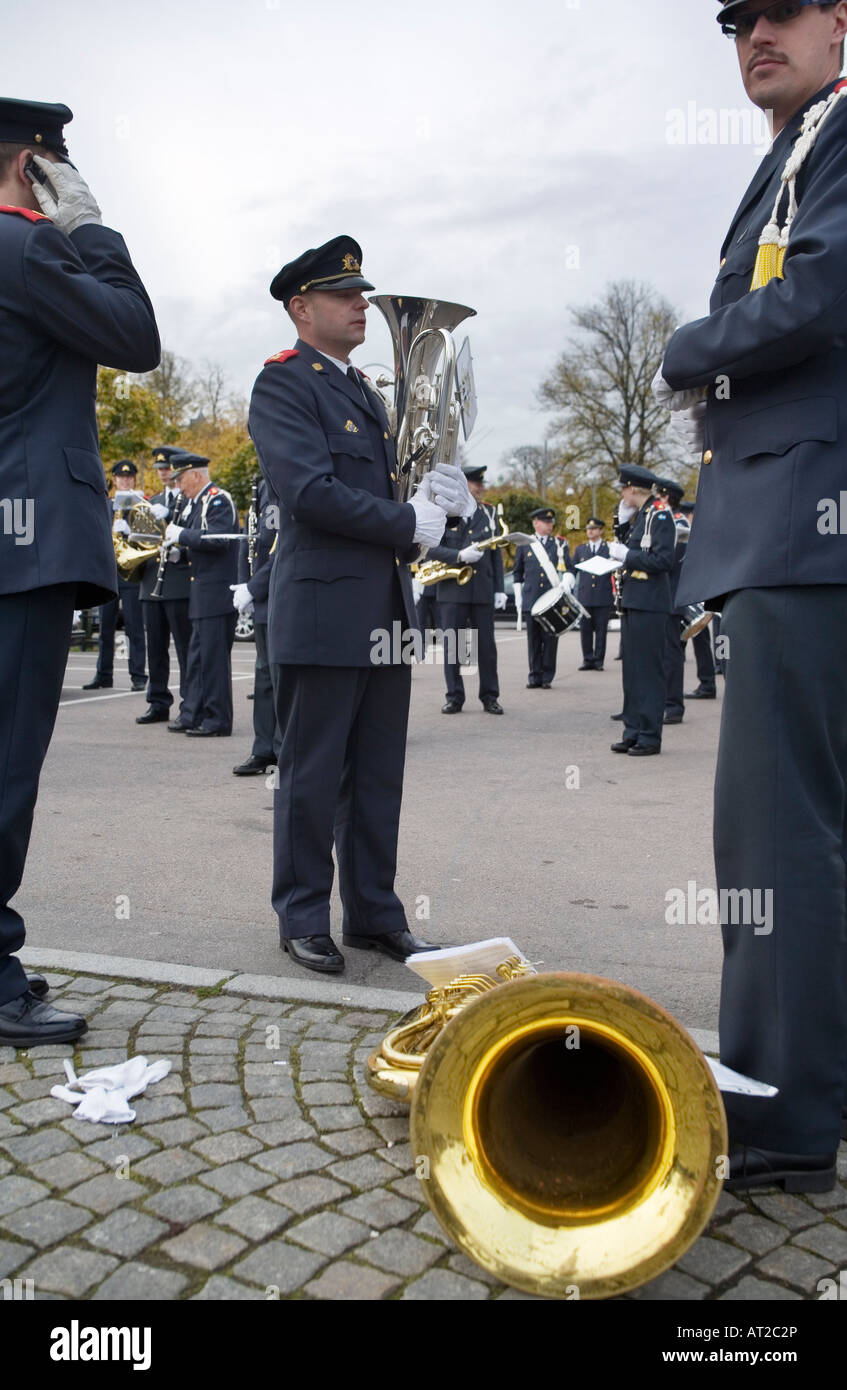 Swedish Military Music Band taking a break before a Street Parade Home Guard unit from Boras town in Western Sweden Stock Photo