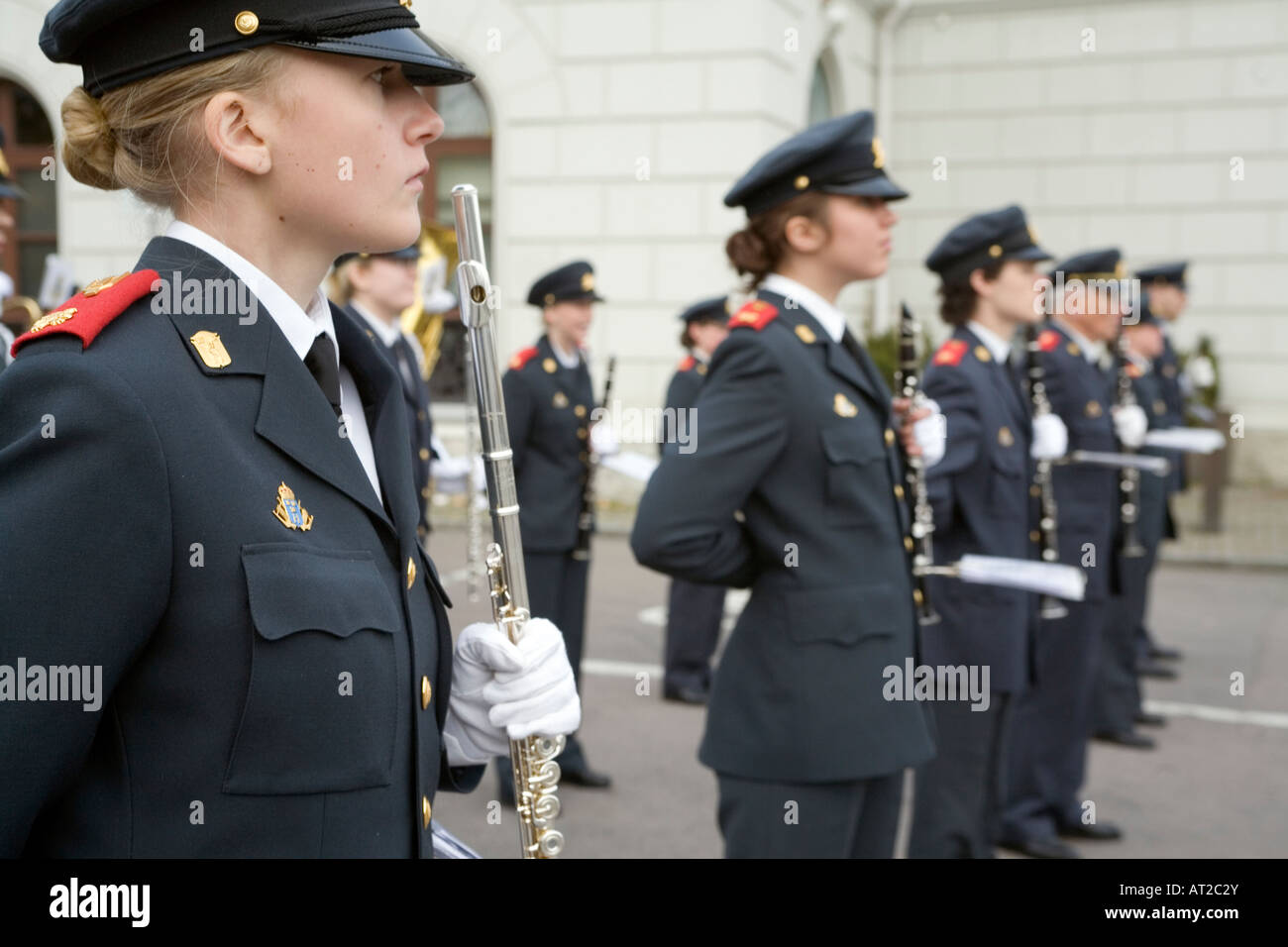 Swedish Military Music Band standing in position before a Street Parade Home Guard unit from Boras town in Western Sweden Stock Photo