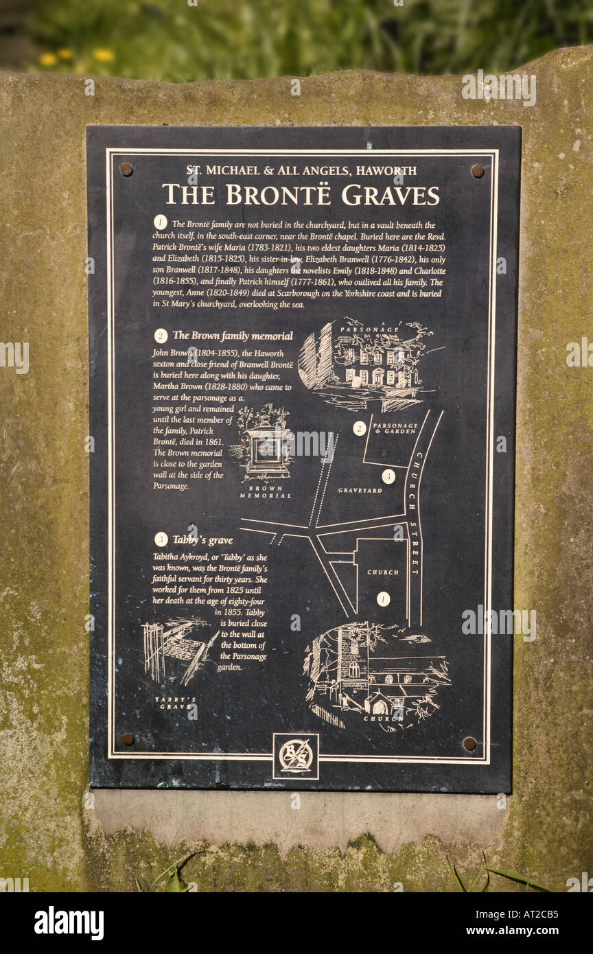 COMMERORATIVE PLAQUE TO BRONTE FAMILY IN CHURCH YARD HAWORTH VILLAGE YORKSHIRE ENGLAND Stock Photo