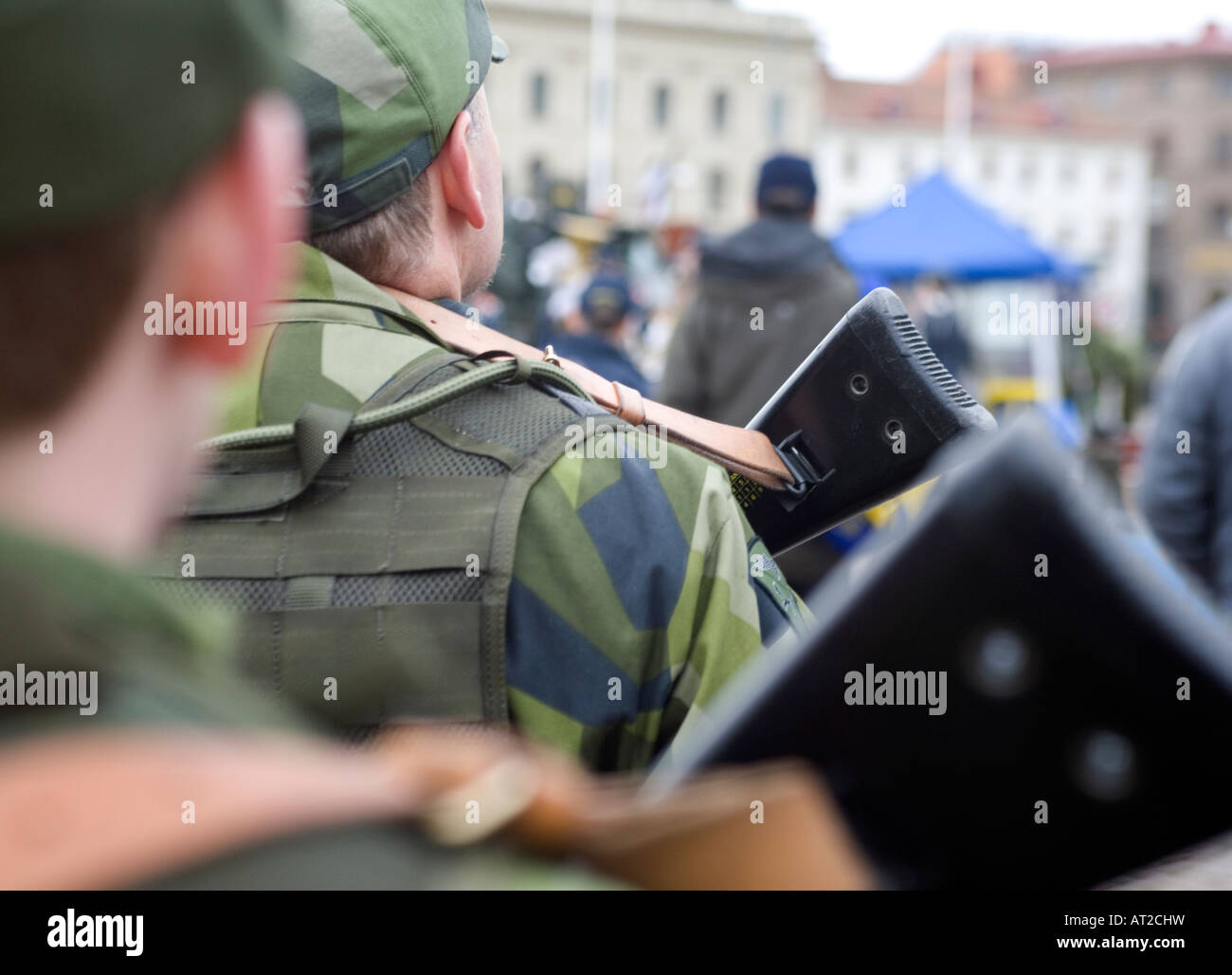 Swedish armed soldiers in rank and file ready for inspection Military exercise in Gothenburg Sweden 20 October 2007 Stock Photo