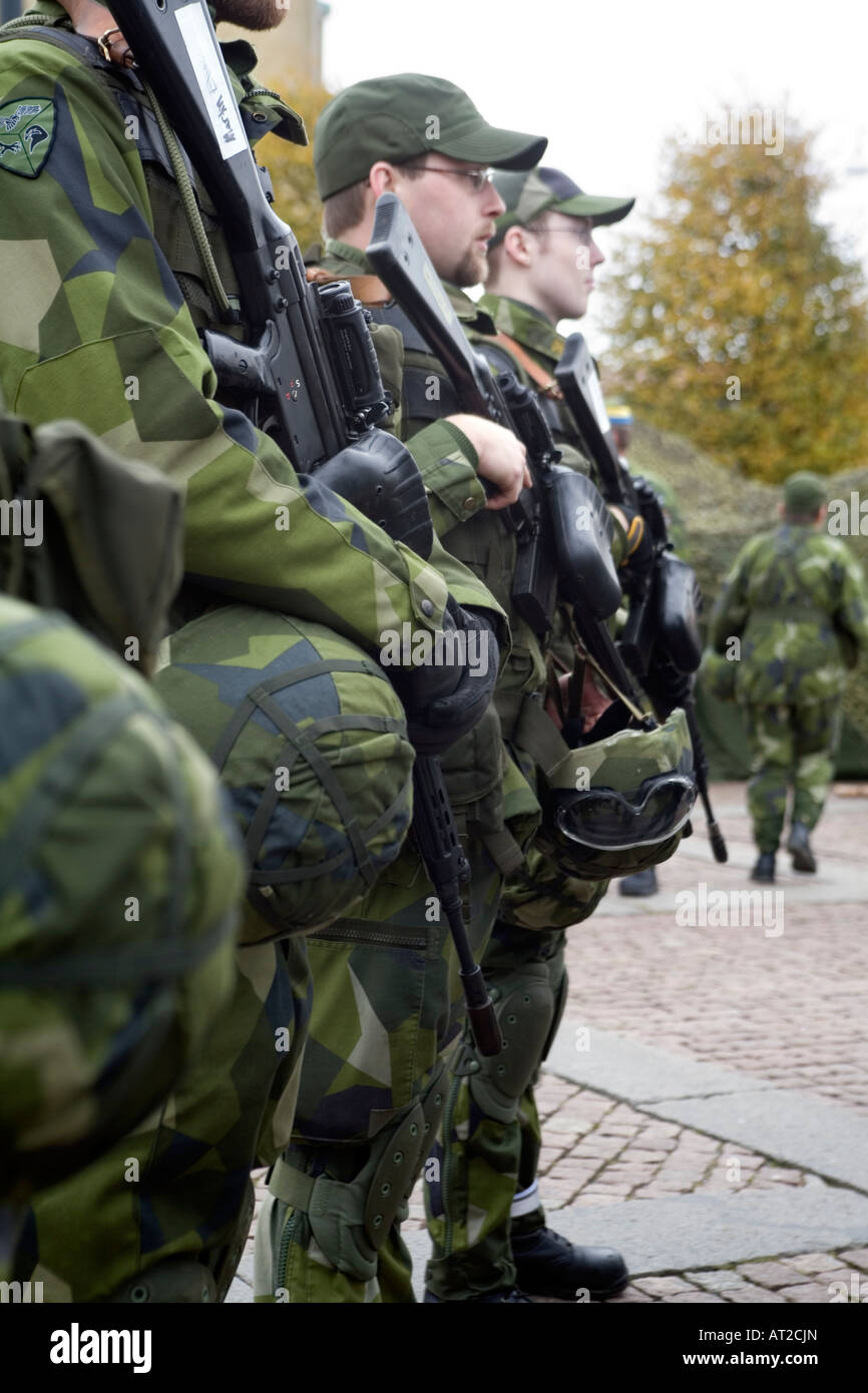 Swedish armed Home Guard in rank and file ready for inspection Military Exercises in Gothenburg Sweden 20 October 2007 Stock Photo
