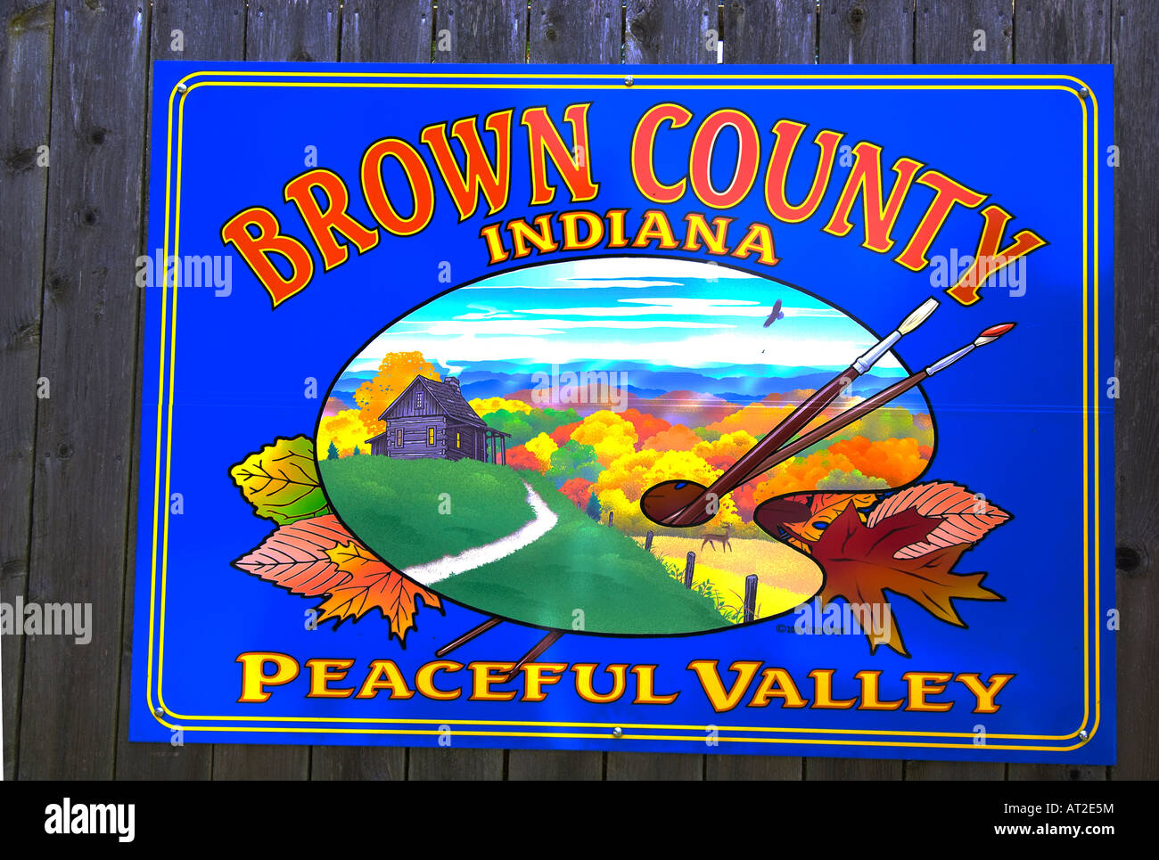 Sign advertising Brown County in Indiana where many artists and art galleries are located Stock Photo