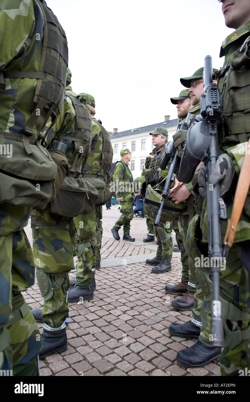 Swedish armed soldiers in rank and file getting ready for inspection Military exercises in Gothenburg Sweden 20 October 2007 Stock Photo