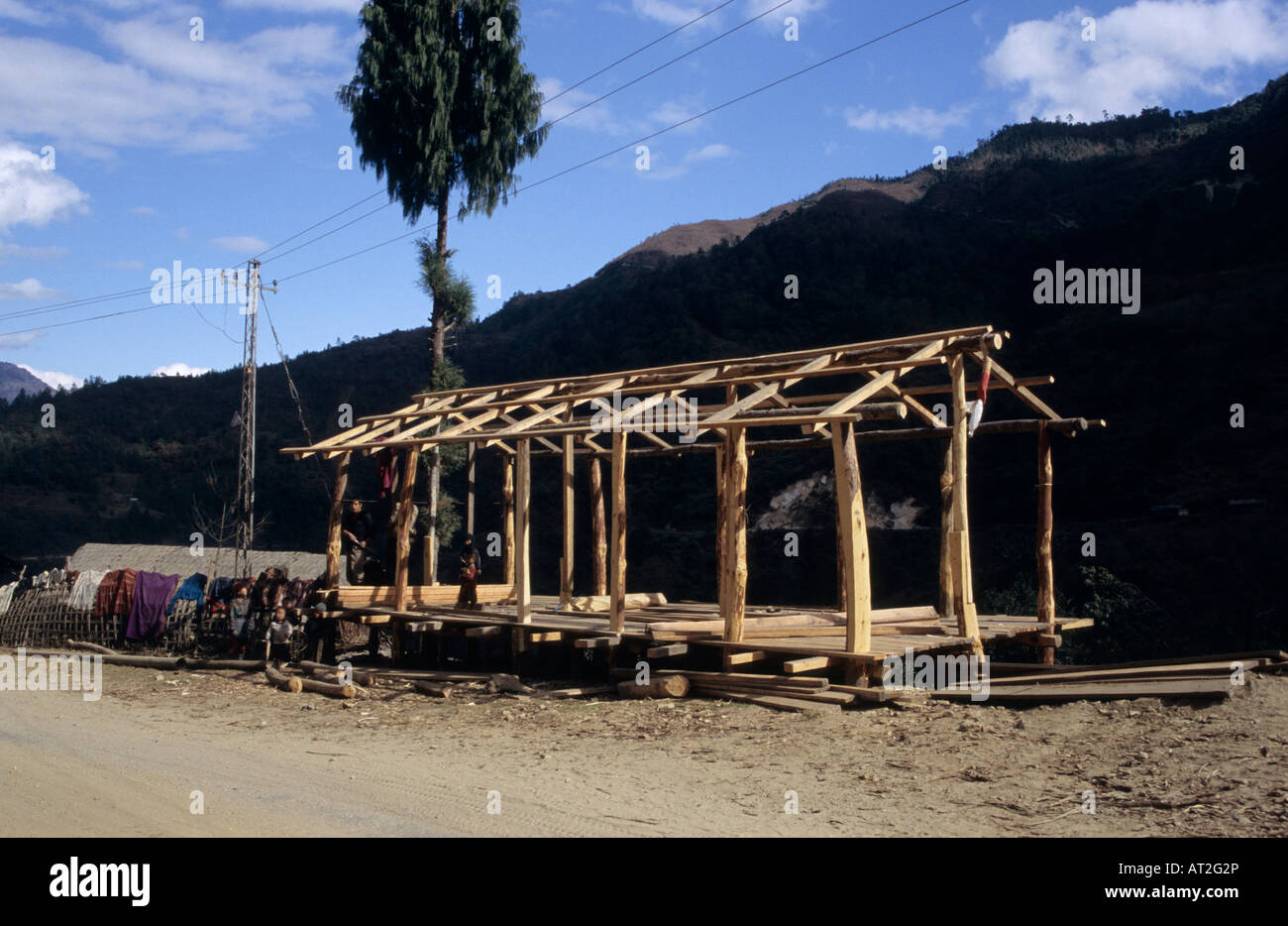 Frame of wooden house Arunachal Pradesh Bompu area, India Stock Photo